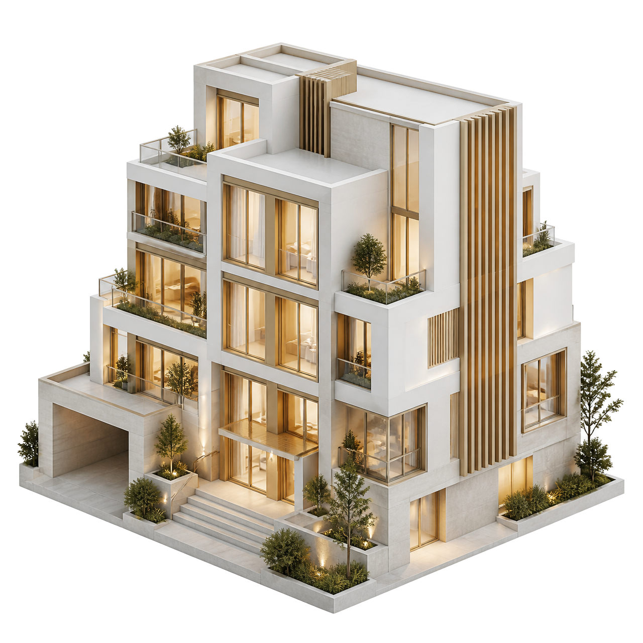 Render 3D isométrico de edificio residencial premium